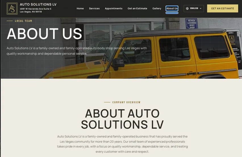Auto Solutions LV About Us page showing the yellow shop vehicle and the company overview.