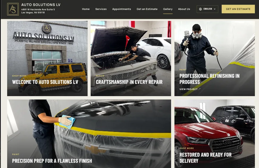 Auto Solutions LV website gallery showing vehicle repair, refinishing, and completed auto body work.