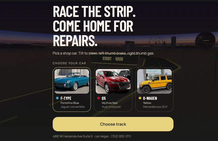 Auto Solutions LV racing game car-selection screen with three shop vehicles to choose from.
