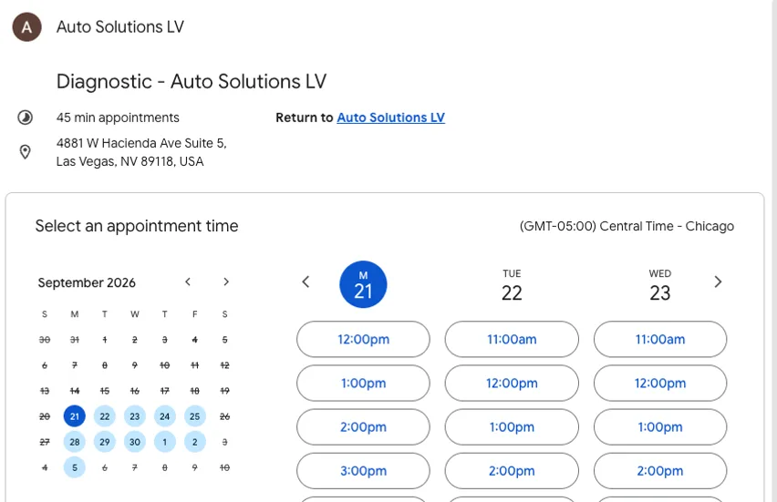 Auto Solutions LV online appointment scheduler showing available diagnostic appointment times.